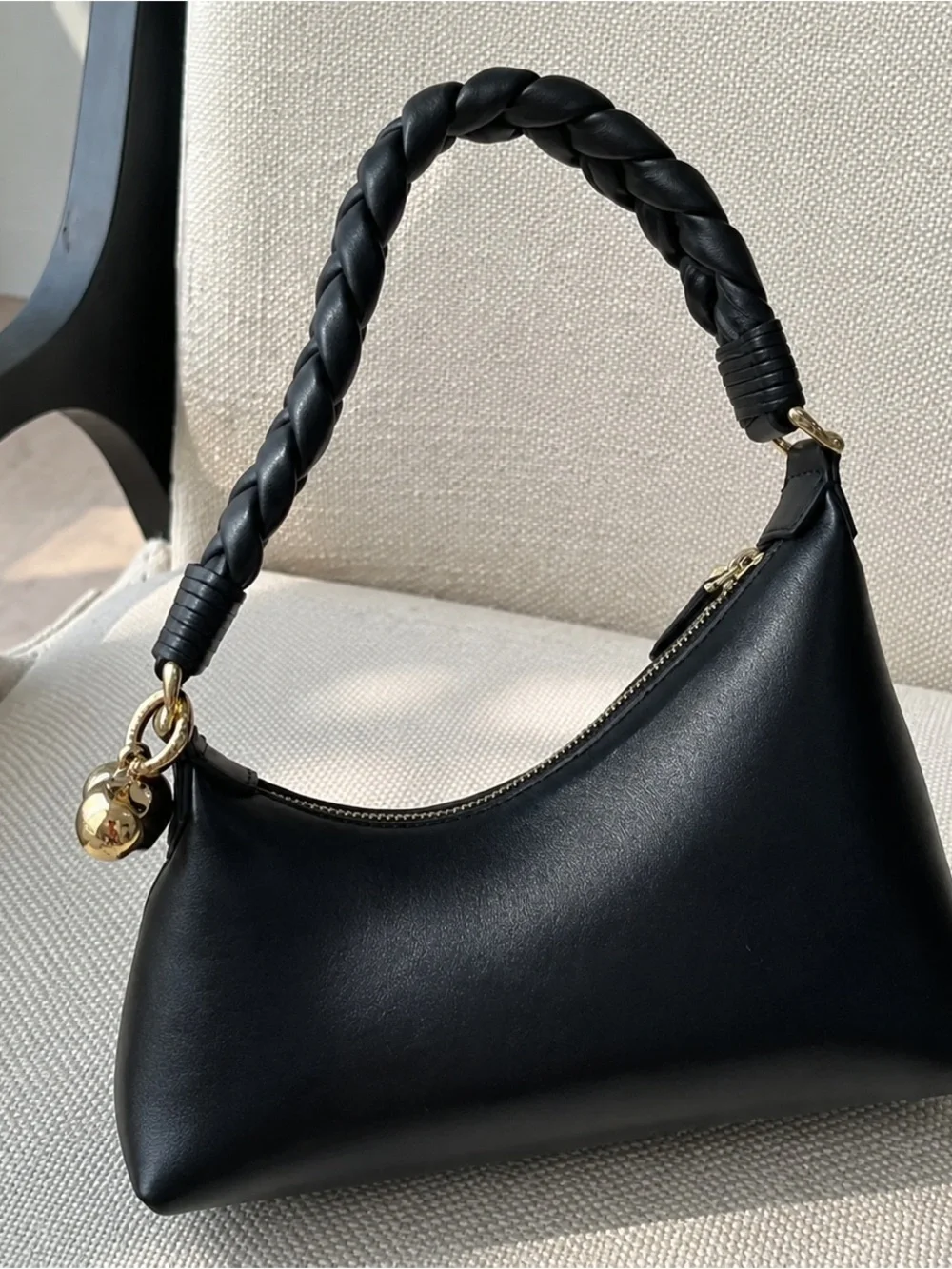 Black Braided-Handle Shoulder Bag with Gold Accents